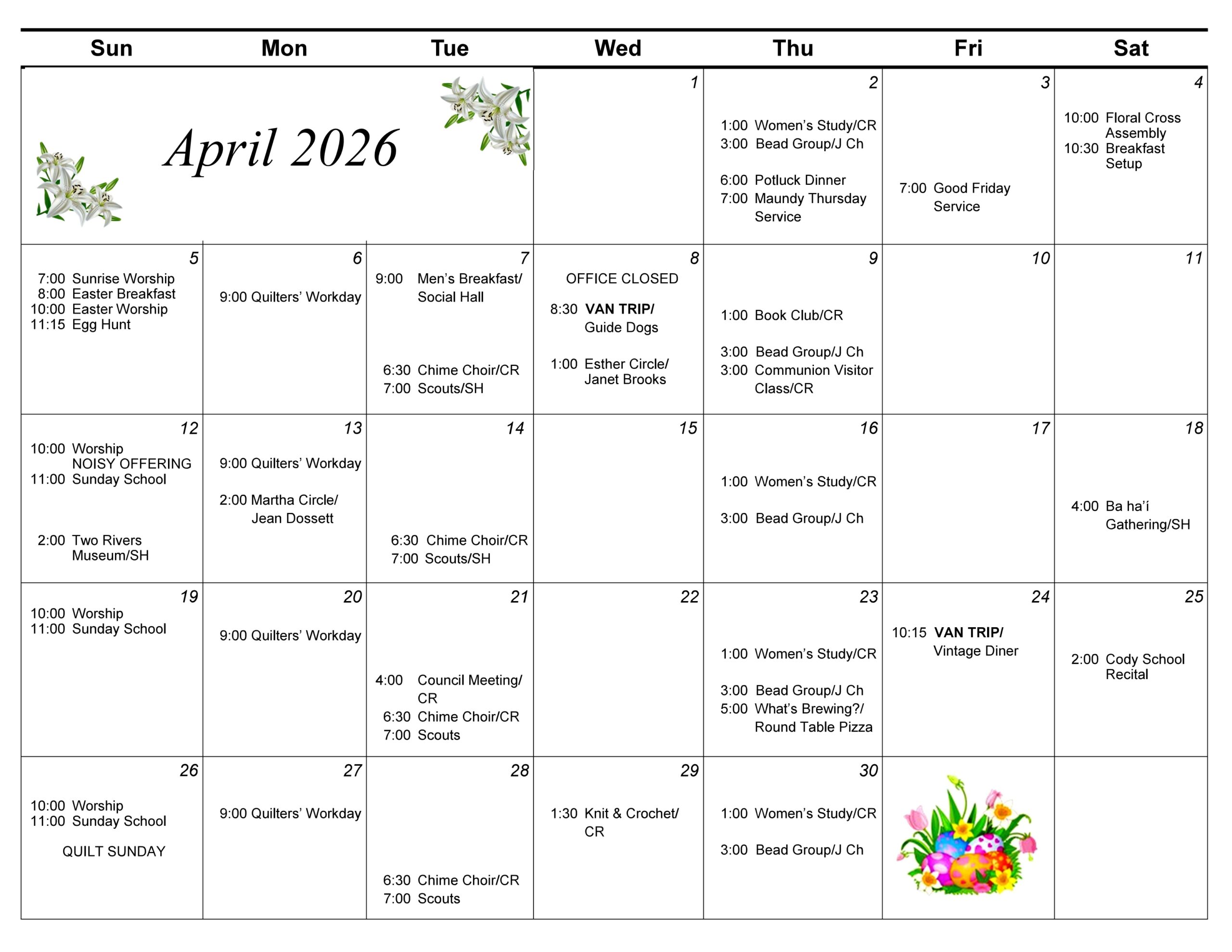 zion camas calendar